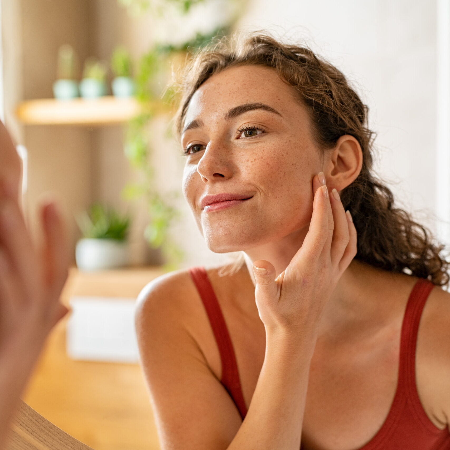 woman looking in a mirror applying an antioxidant serums
